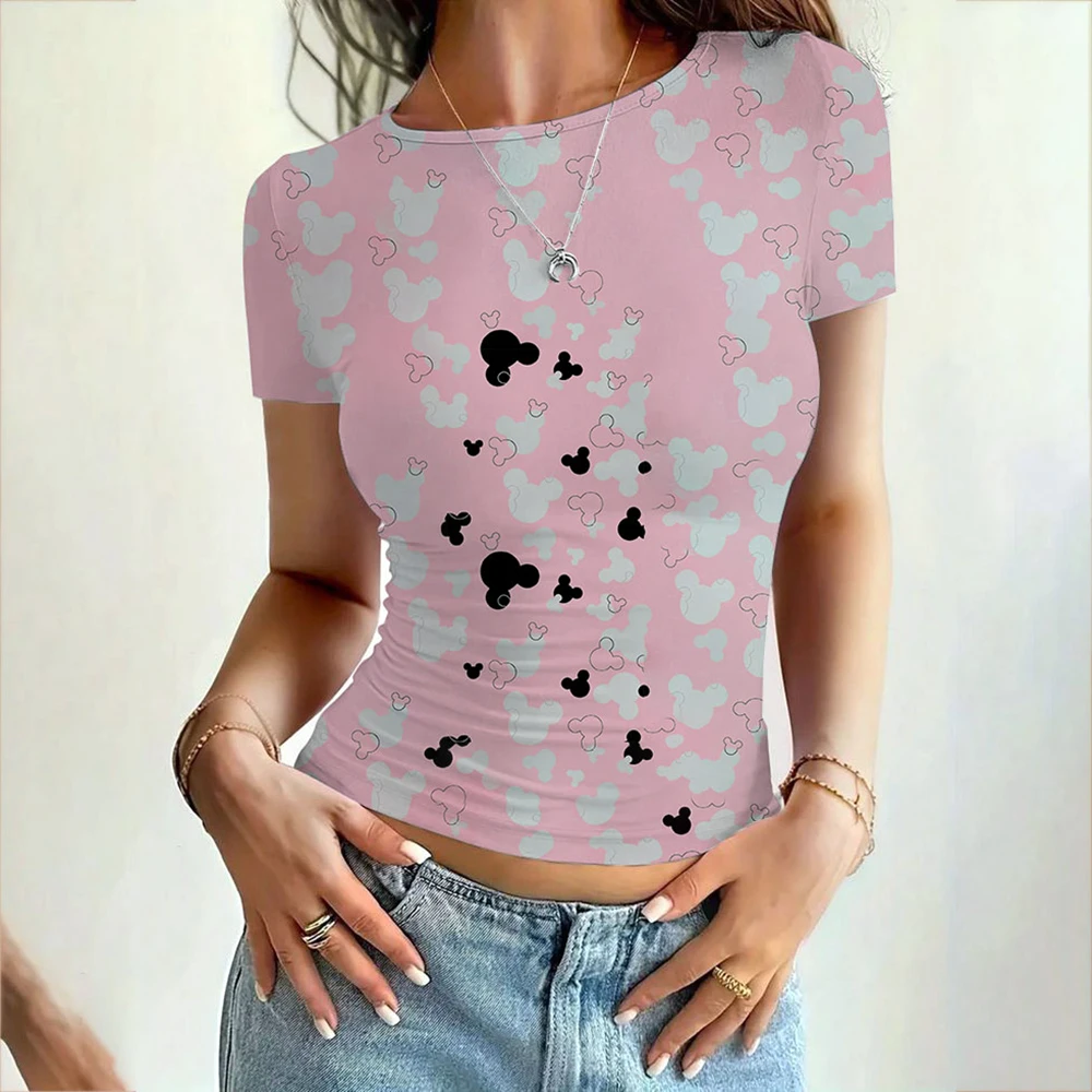 Women's clothing short sleeved T-shirt slim fit top Disney Mickey Mouse print women's round neck tight fitting T-shirt street we