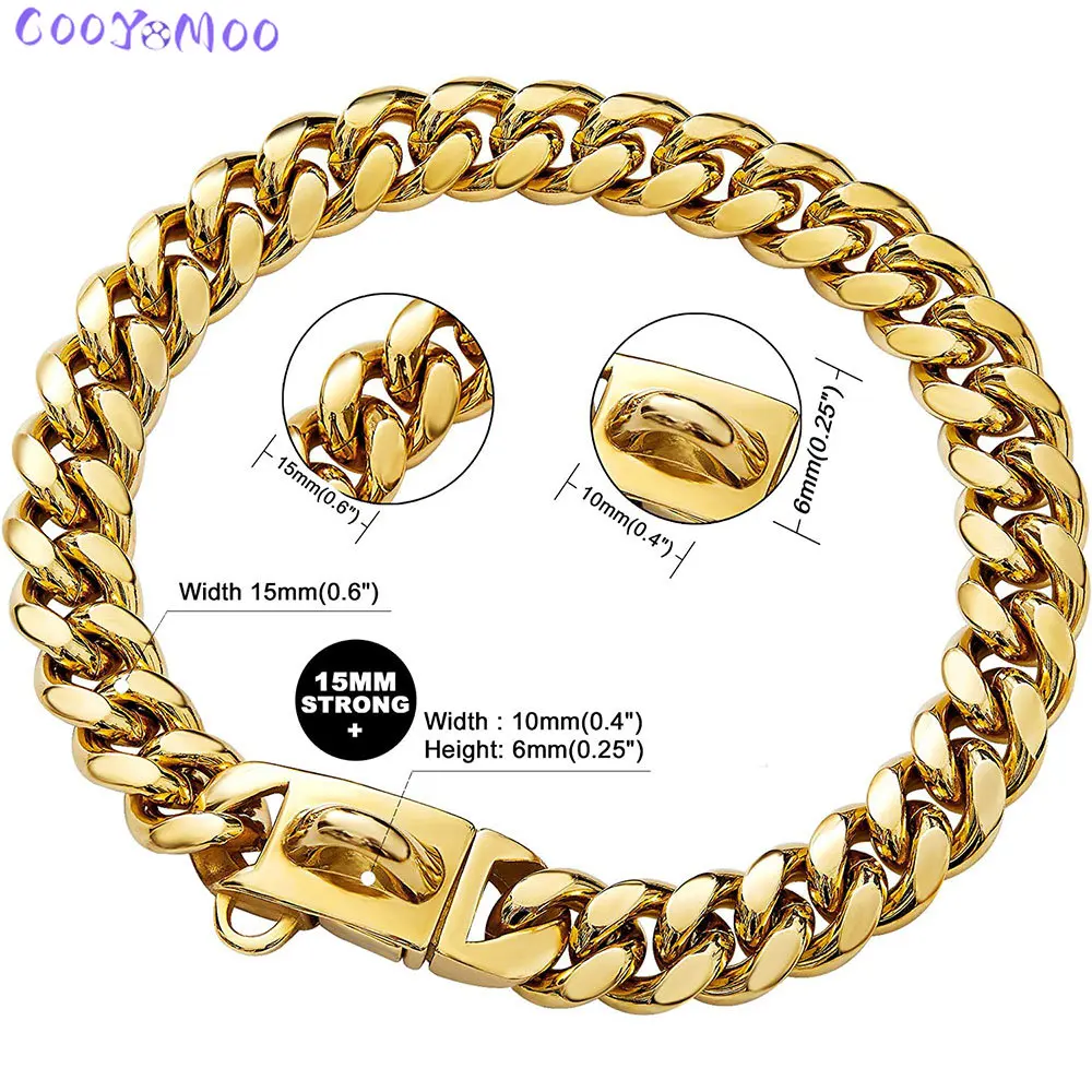 Strong 14MM Cuban Link Chain Stainless Steel Dog Necklace Gold Dog Collar with Safety Buckle Training Collar Dogs Walking Collar