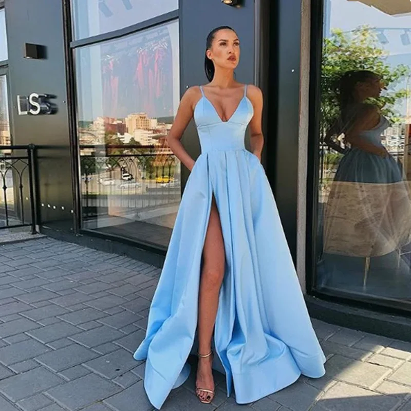 

GUXQD A-Line Side Slit Women Evening Dresses Spaghetti Straps Prom Party Gowns abendkleider Vestido De Noche robes de soirée