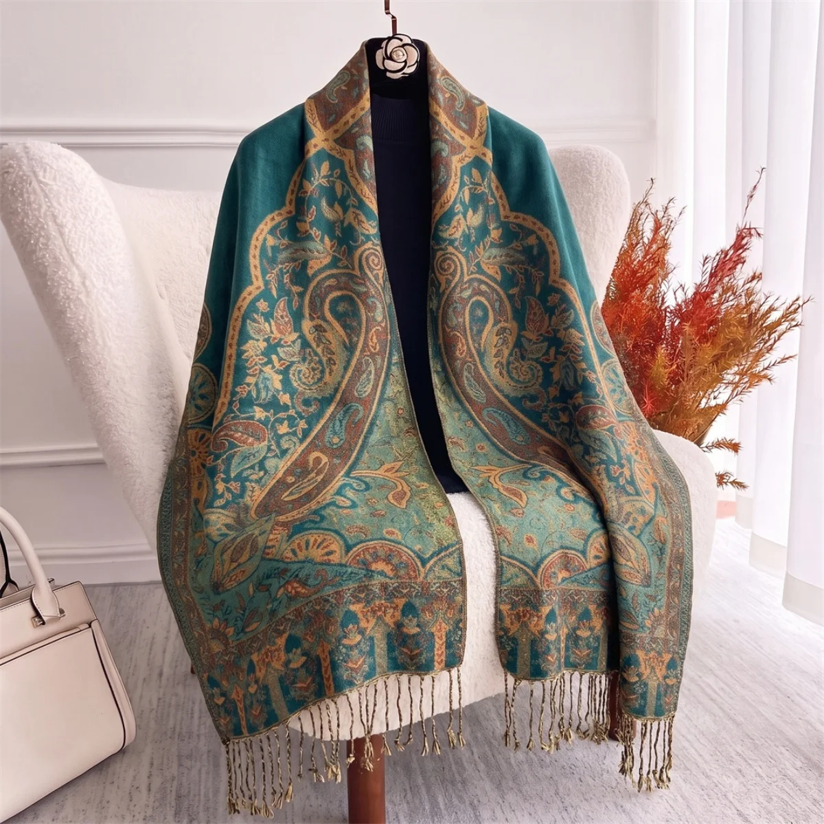 Luxuriöser Hijab-Schal aus Kaschmir-Pashmina, Bandana, Tuch, Wickel für formelle Anlässe, Hochzeiten, Picknicks im Freien, antikes Blumenmuster, flauschig, breit