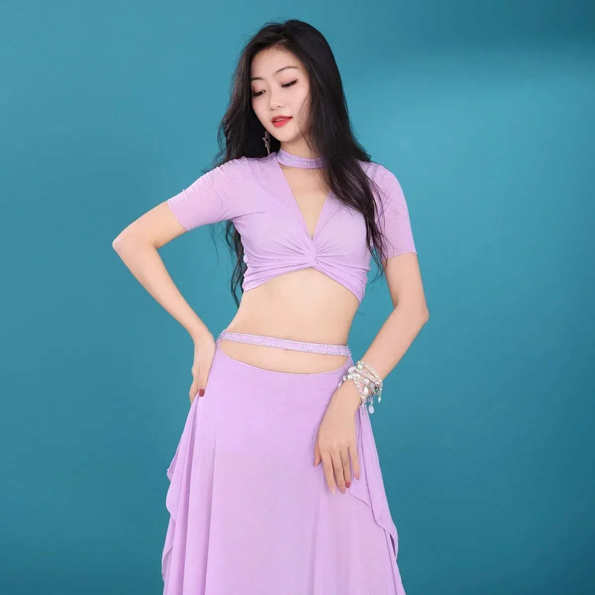 Women New Belly Dance Set Oriental Dance Bellydance Costume Sequins Yarn Practice Set Dance Competition Costume 2pcs Top+Skirt