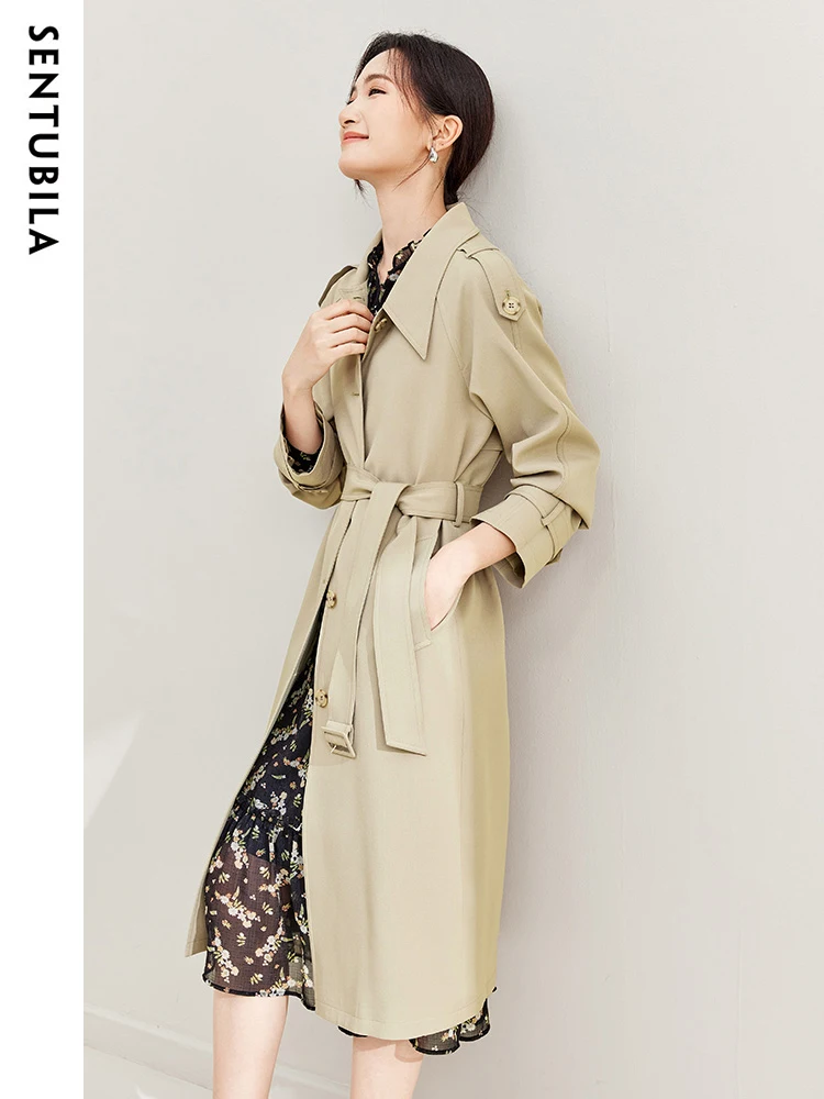 SENTUBILA Double-breasted Long Trench Coat for Women 2024 Notched Lapel Detachable Tie Belt Long Sleeve Autumn Winter Outerwear