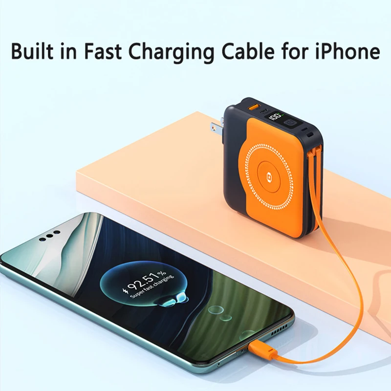 6in1マグネット式ワイヤレスモバイルバッテリー、iPhone 16、iWatch、AirPods対応、22.5W急速充電、旅行用壁掛け充電器、ACプラグ付き