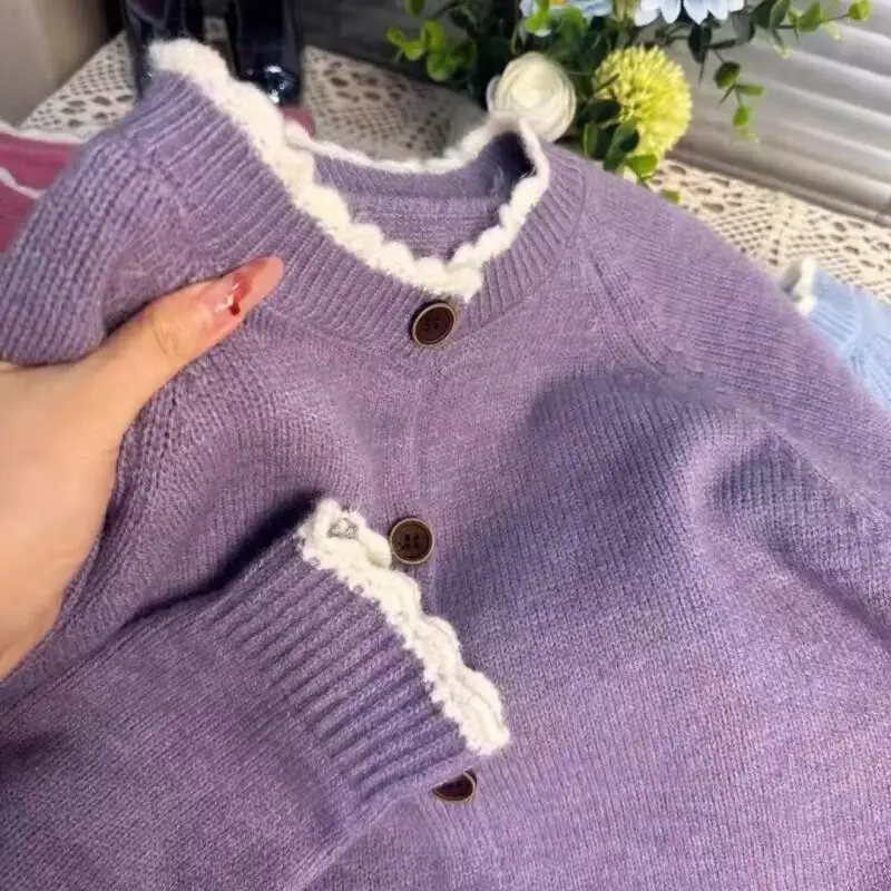 

Модный кружевной свитер с цветными блоками, женский кардиган, свободный трикотаж, весна-осень, новая модель, топы с круглым вырезом и длинными рукавами, пальто