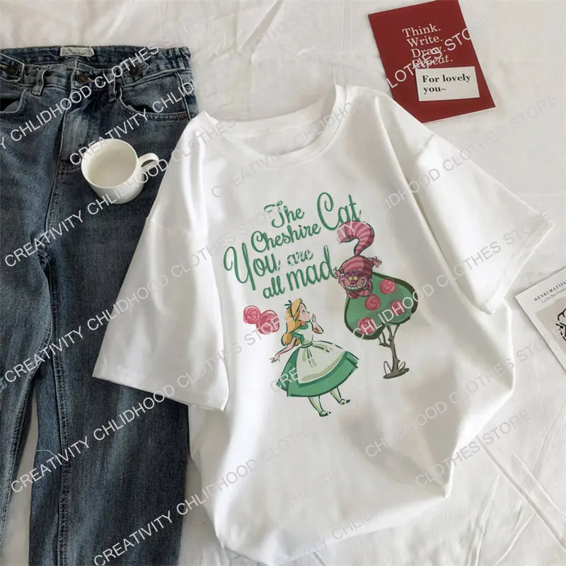 Disney-camisetas de algodón de Las Aventuras de Alicia en el país de las maravillas para mujer, camisetas de dibujos animados Kawaii de Anime, ropa