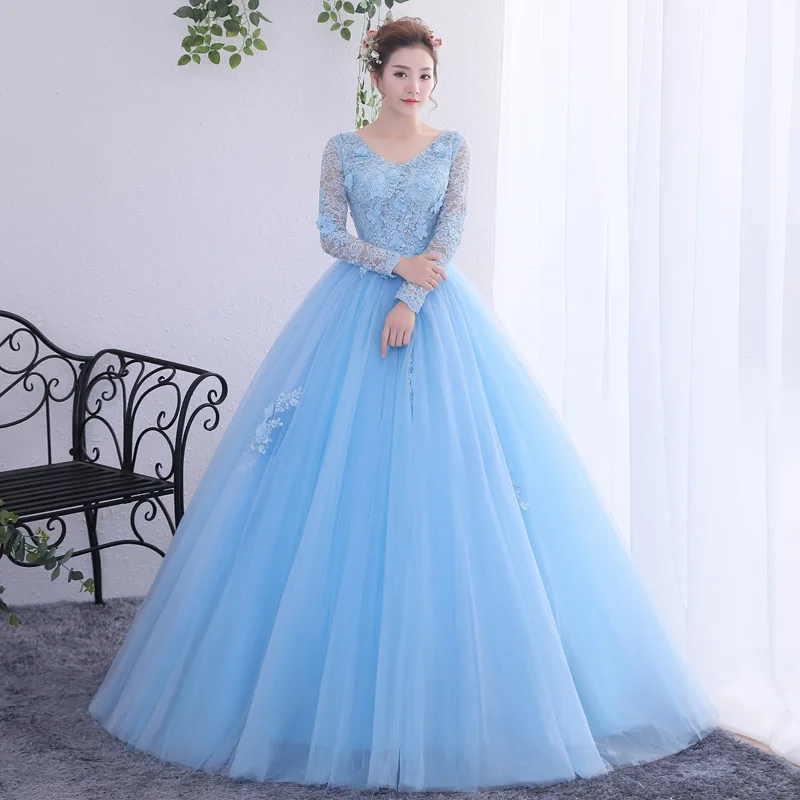 

2024 New Student Performance Blue Long sleeved Dress for Annual Meeting Performance Dress, Slim Fit, Large Swing, Fluffy Skirt