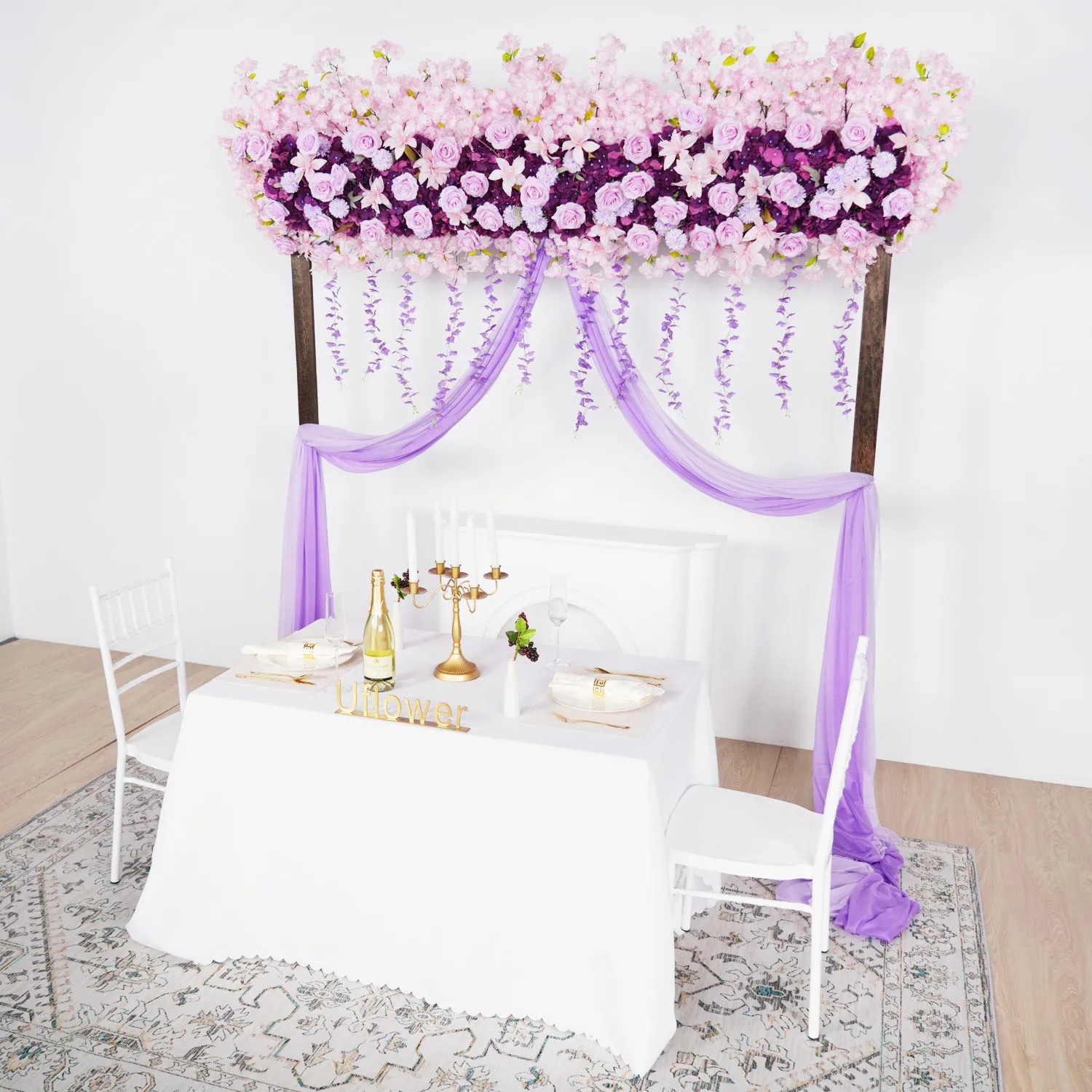 Uflower Luxury Purple Rose Cherry Blossom Hang Wisteria Floral Arrangement Wedding Backdrop Decoration Flower Row Event Props