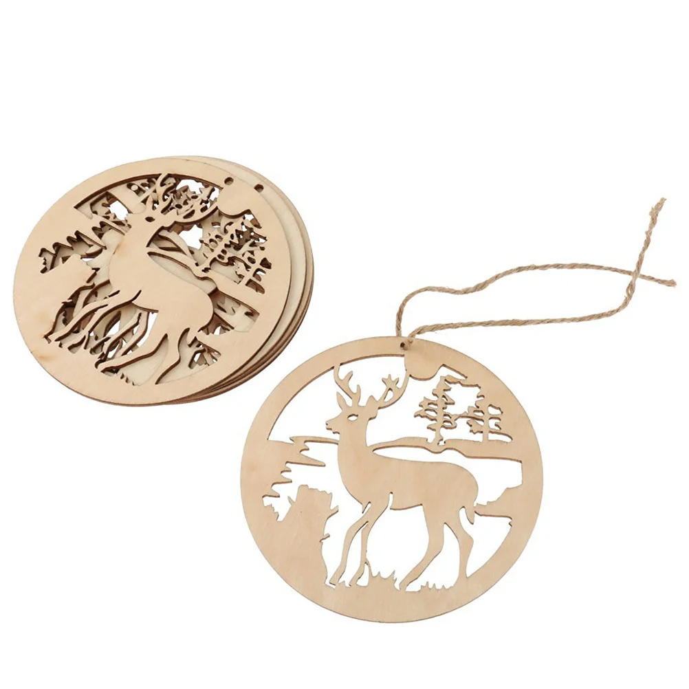 

5Pcs Round Wooden Deer Hanging Decorations Christmas Ornaments Handmade Hollow Deer for Wall Party Decor Hanging Ornament