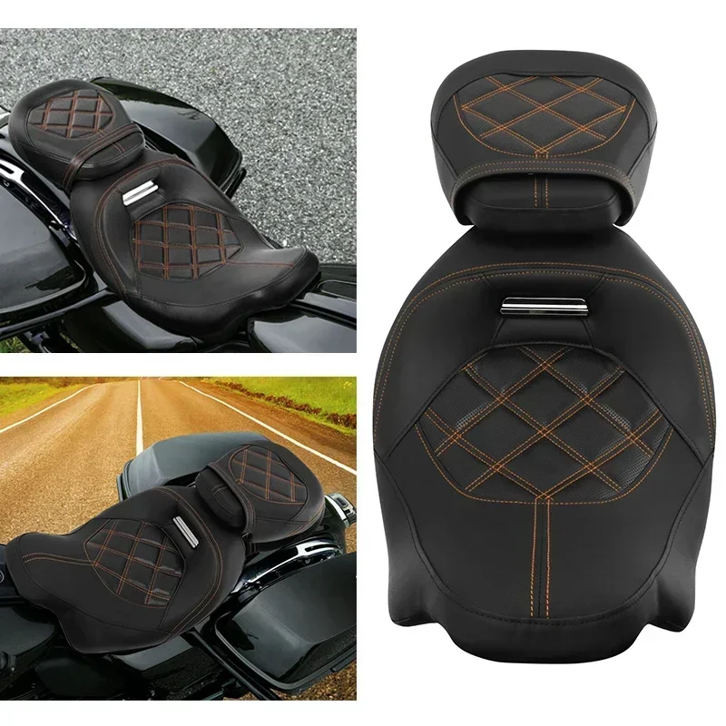 Motorcycle Accessories Low Profile 2-Up Seat Cushions With Orange Stitch Saddle For Harley Electra Road King Street Glide 98-08