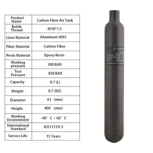 Imagen 2 del producto HPA Scuba 0.7L tanque de aire de fibra de carbono 300BAR 4500PSI Cilindro de Gas CO2 Botella de agua de soda Cilindro para estación de buceo acuario