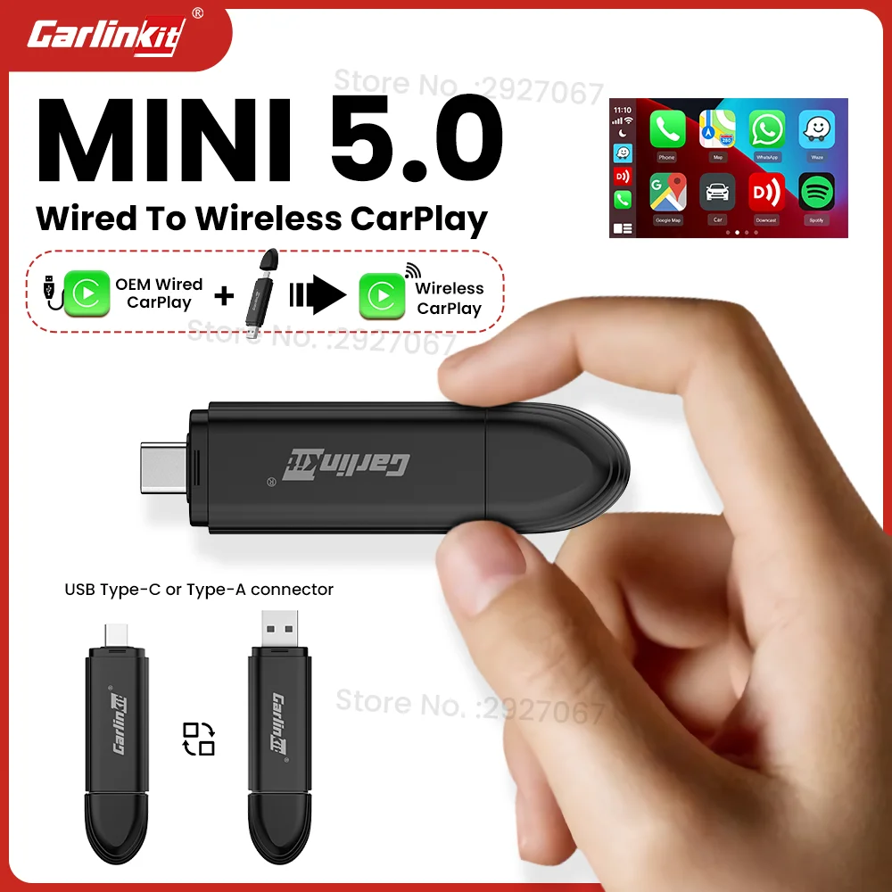 CarlinKit Mini 5.0 Wireless CarPlay Adapter Smart CarPlay Box USB Dongle Compatible with OEM Car Stereo Wired to Wireless Car Play USB C & A Dual Connector Plug and Play Bluetooth 5.8GHz WiFi Seamless Connection Fast and Stable OTA Update Compact Size