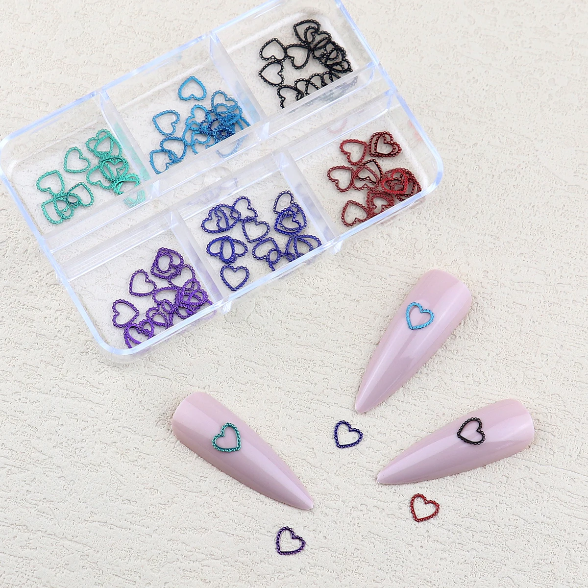 1Box Colorful Metal Studs Lace Heart Nails Charms Heart Ultra-thin Copper Nail Rivets Manicure 3D Nail Art Decorations