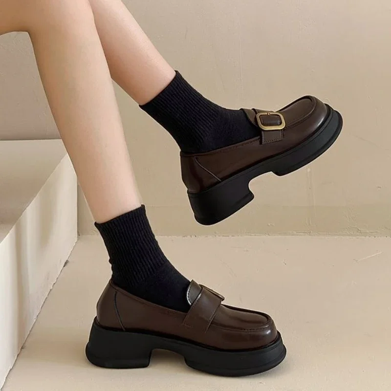

Korean Version Women's Chunky Sole Loafers Mary Jane Slip On Height Increasing 2025 New Leather Shoes