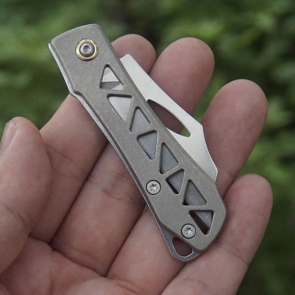 Imagem -02 - Mini Faca Dobrável Multifuncional Lâmina de Titânio Pura Ferramenta Edc ao ar Livre Chaveiro Utilitário Portátil Ferramenta de Autodefesa d2 Lâmina
