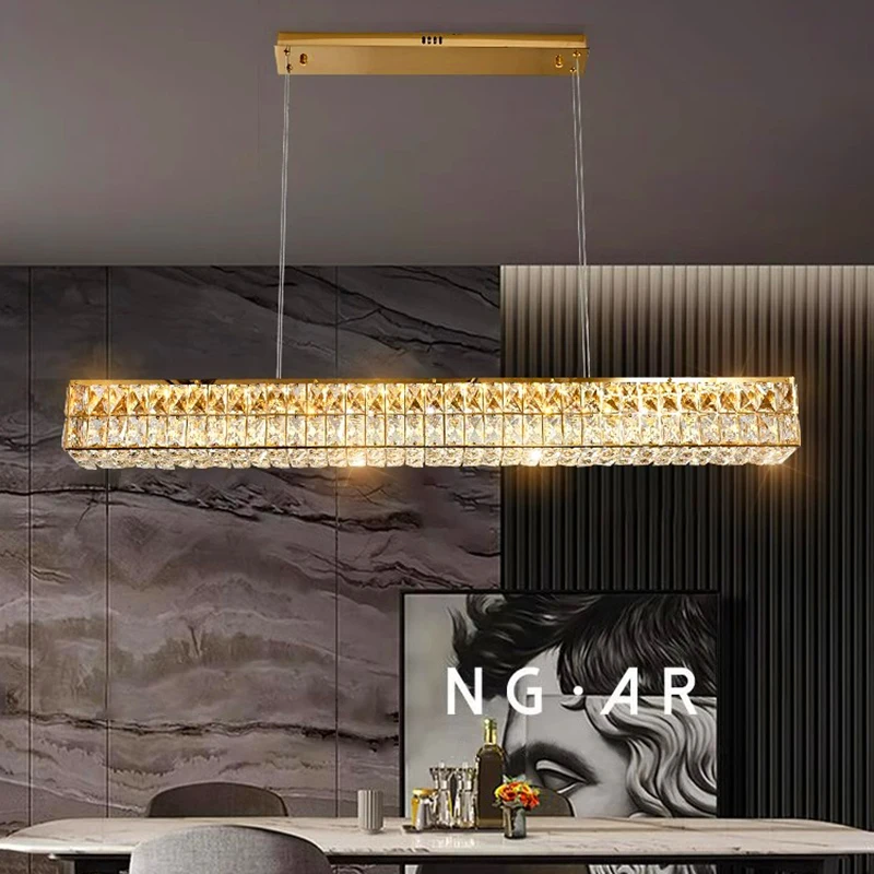 Luxury Long Rectangular Crystal chandelier led simple dimmable gold Chrome dining lamp indoor  art Straight bathroom bar lamp