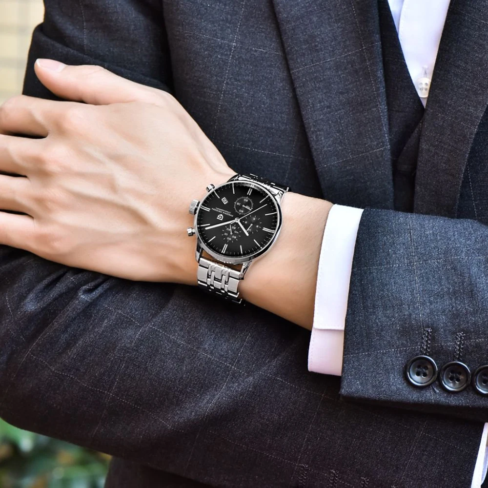 PAGANI DESIGN موضة رجال الأعمال الفولاذ المقاوم للصدأ ساعة كوارتز مقاوم للماء متعددة الوظائف ليلة ضوء ساعة Reloj + صندوق هدية