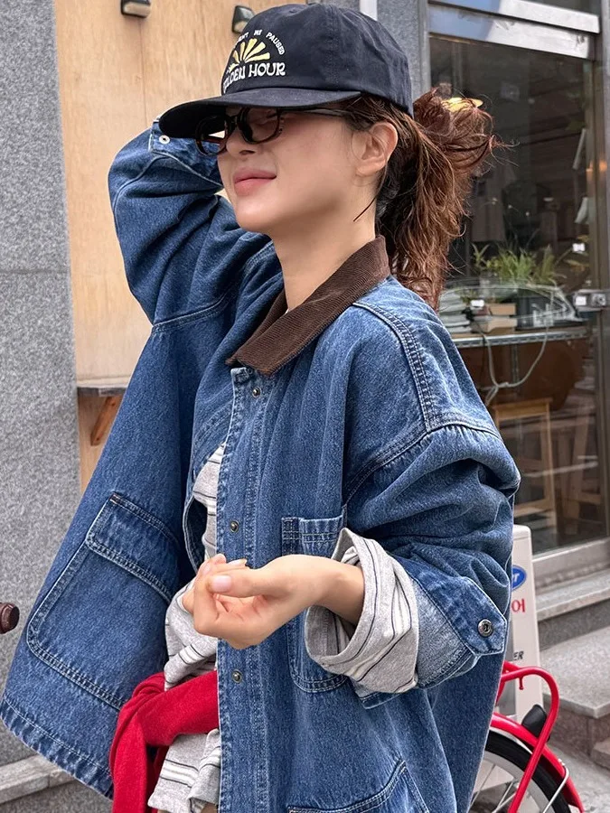 Korean Style Loose Fit Color Block Denim Jacket Women's Spring 2026 New Arrival Corduroy Trendy Top Button up Long Sleeve
