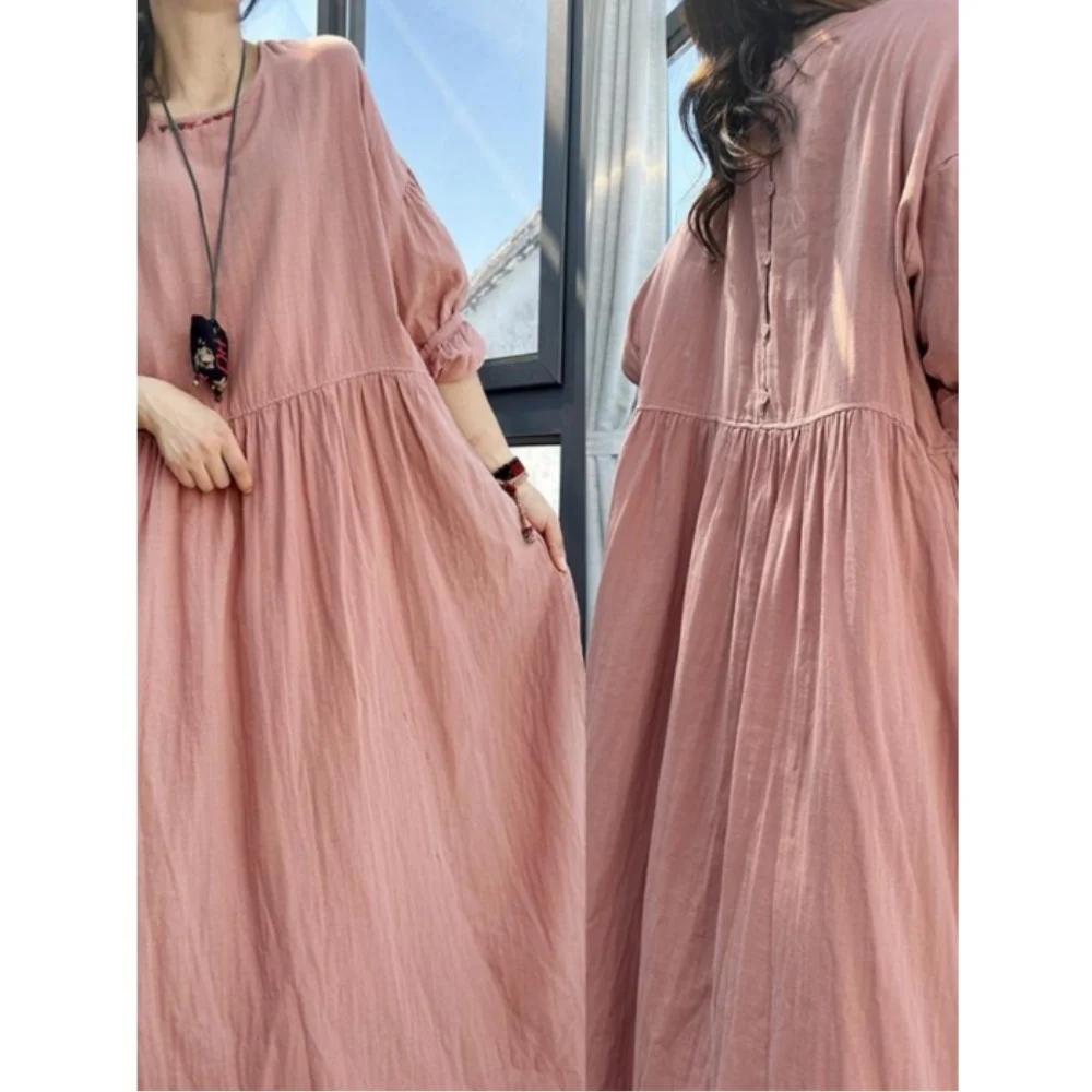 Artistic Ethnic Style Embroidery Lantern Sleeves High Waisted Loose Doll Skirt Long Dress Women Large Size Spring Autumn MCP050