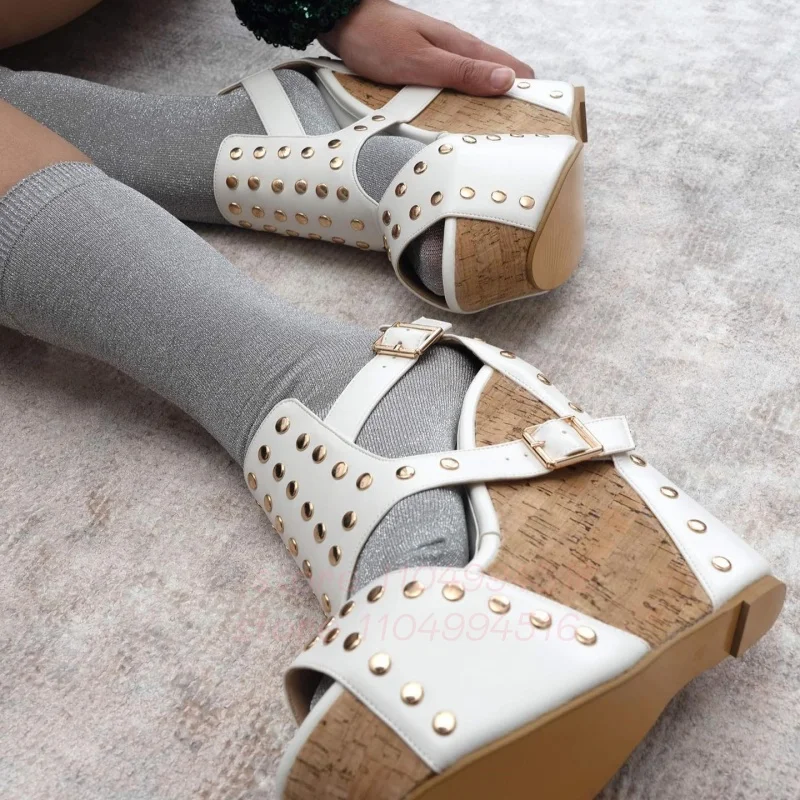 

White Rivet Wedges Platform Sandals Women Hollow Buckle Strap Pointed High Heels Sexy Fashion Party Vacation Ladies Summer Shoes