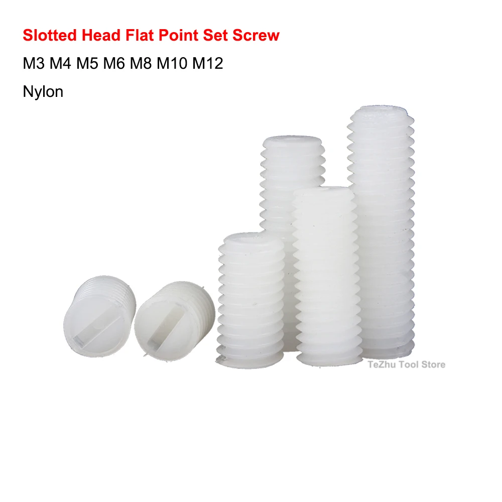 

M3 M4 M5 M6 M8 M10 M12 Metric Thread White Nylon Plastic Insulated Slotted Flat Point End No Head Headless Grub Bolt Set Screw