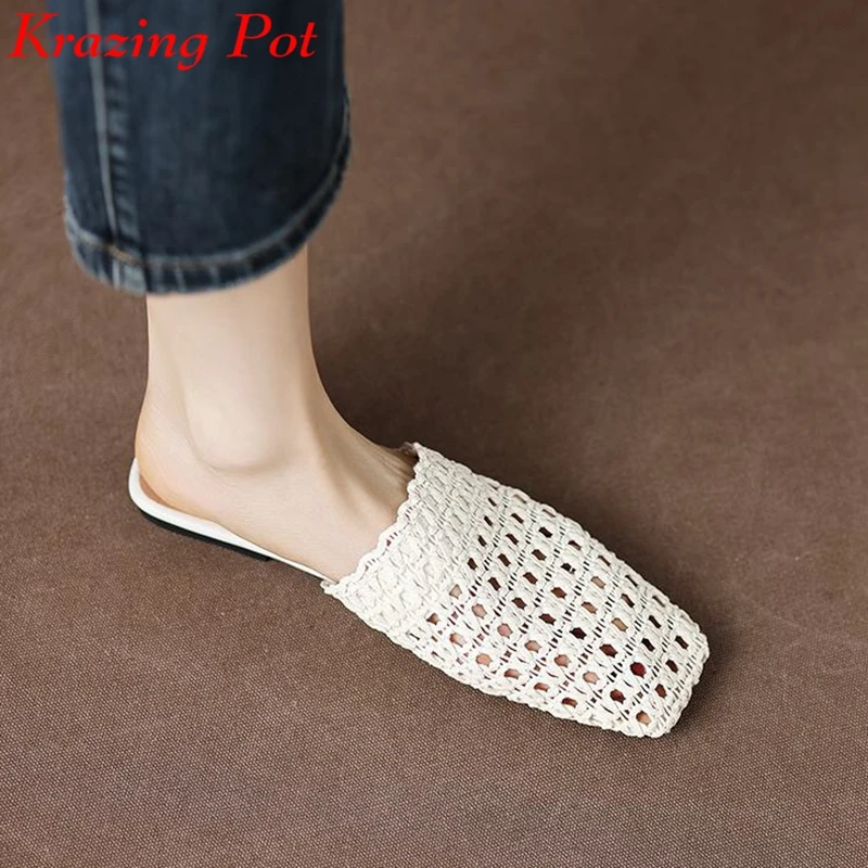 

Krazing Pot Microfiber Weaving Hollow Design Square Toe Natural Leather Slip On Brand Mules French Chic Women Outside Slippers