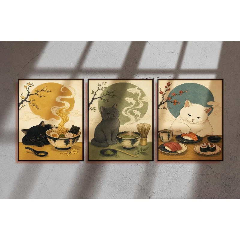 3PCS  Frameless,Japanese Cat Print Set of 3, Sushi Cat Wall Decor, Ramen Cat Poster Set, Matcha Cat Artwork, Kawaii Kitchen Deco