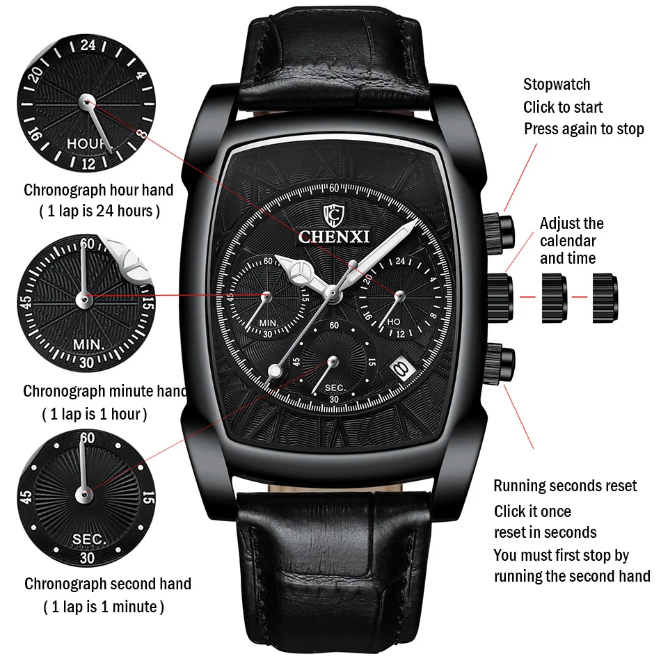 Chenxi Rectangle Dress Watches Men Chronograph Leather Casual Unique Antique Business Male Wristwatch Waterproof Auto Date Hour