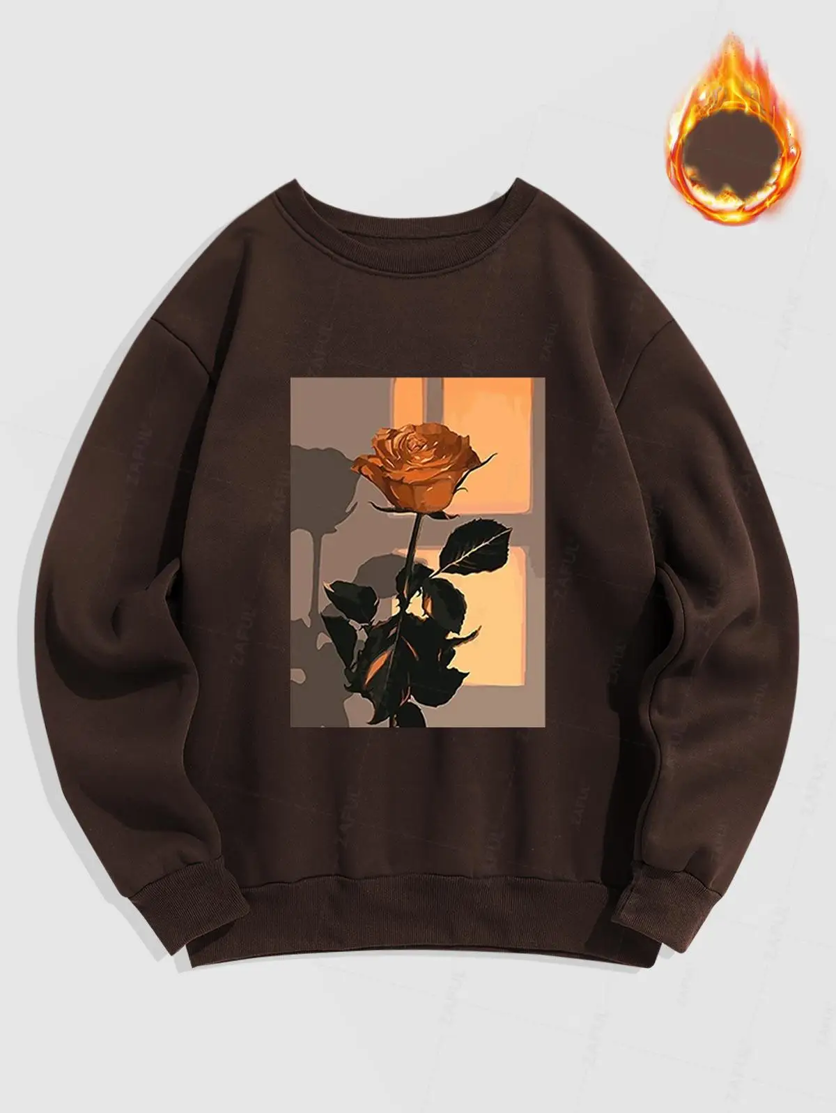 ZAFUL Men's Daily Casual Floral Rose Graphic Printed Fuzzy Fleece-lined Crew Neck Pullover Sweatshirt