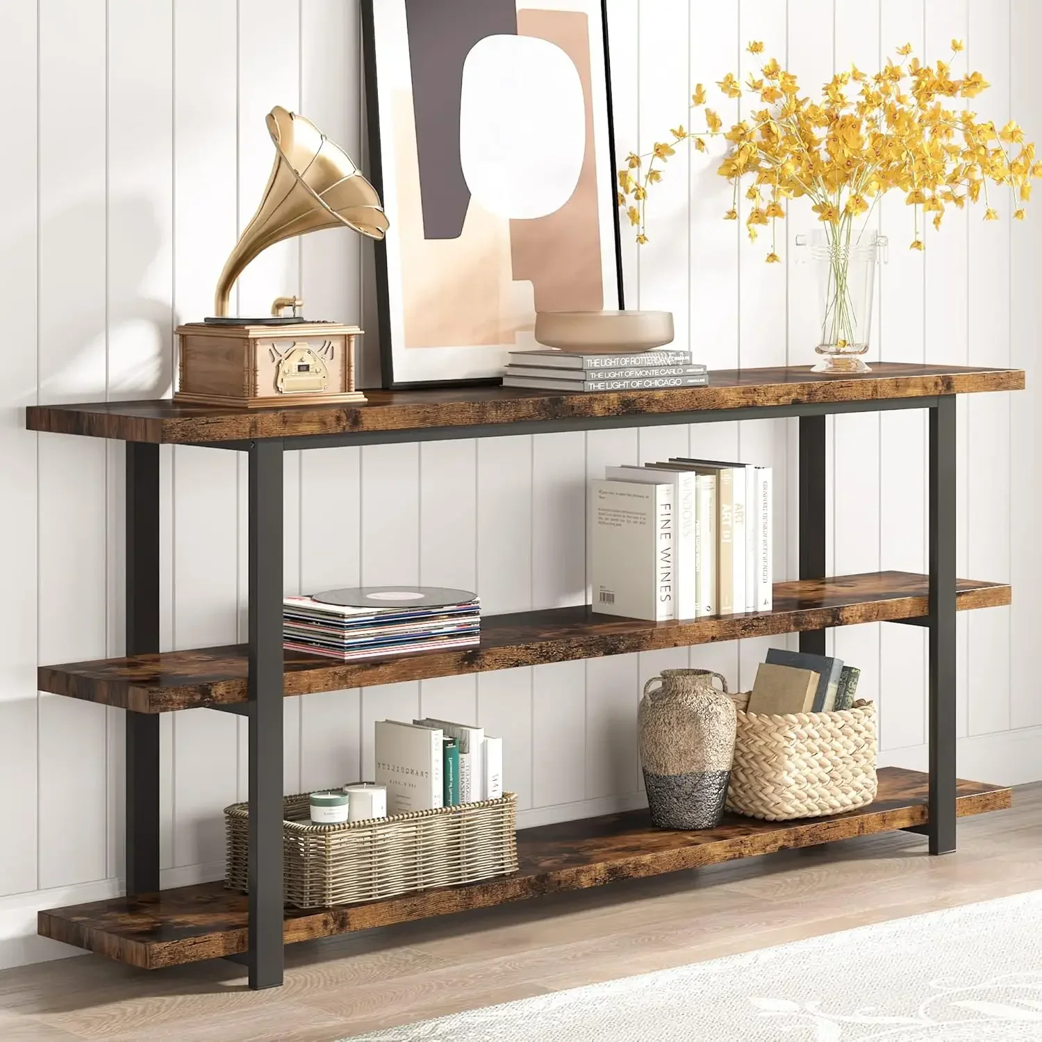 70.8 Inch Extra Long Console Table for Entryway, Narrow Hallway Table, Wood Sofa Table with 3 Tier Storage Shelves for Living