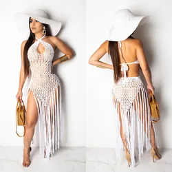 Sexy Women Knitted Dresses Halter Backless Tassels Crochet Cover Ups Swimsuit Hollow Out Crocheted Beach Swimwear