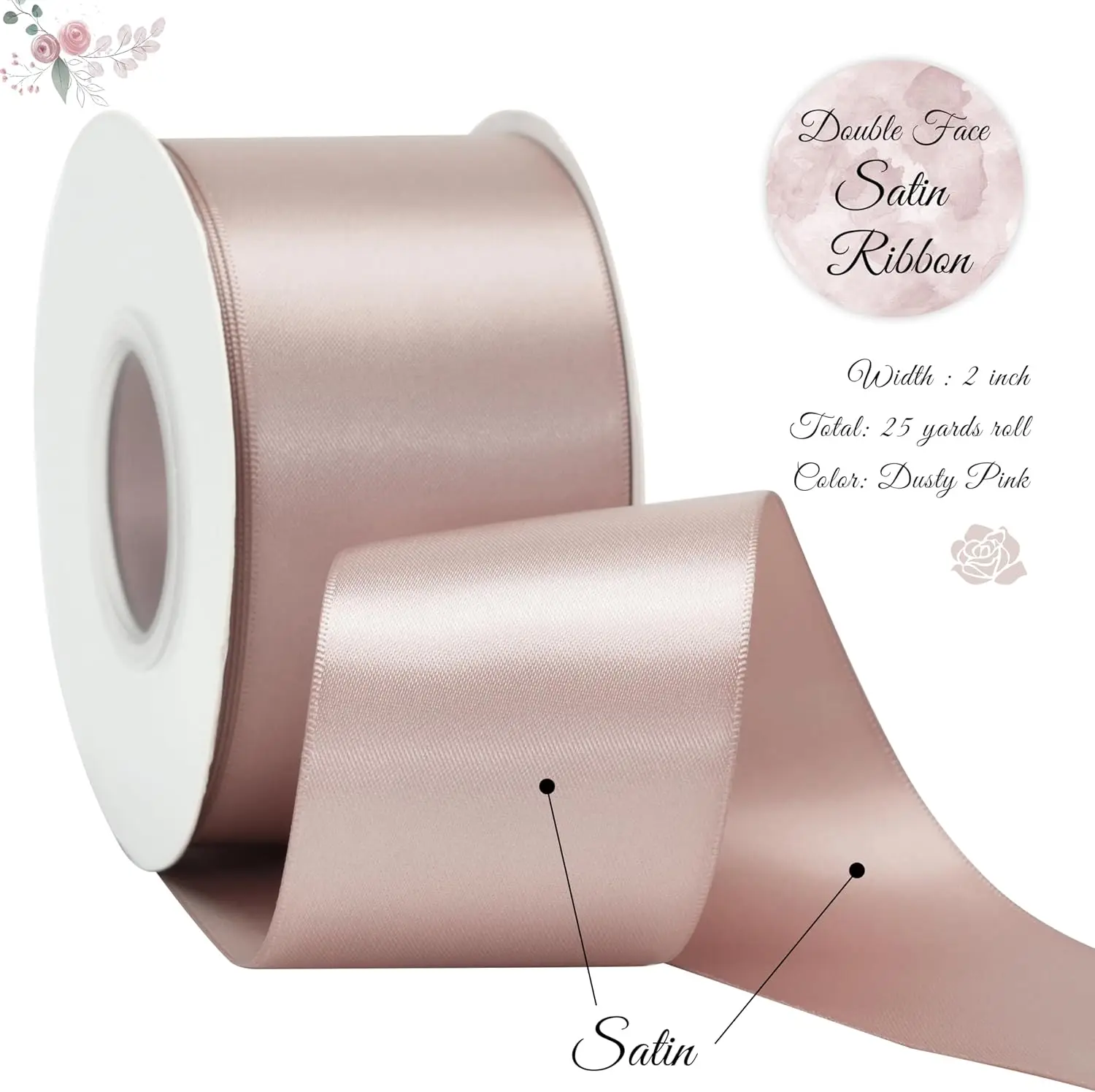 Dusty Rose Ribbon 2 Inch Double Face Satin Ribbon Thick Rose Ribbon for Wedding Bridal Bouquet Crafts Party Decorations - 25Yd