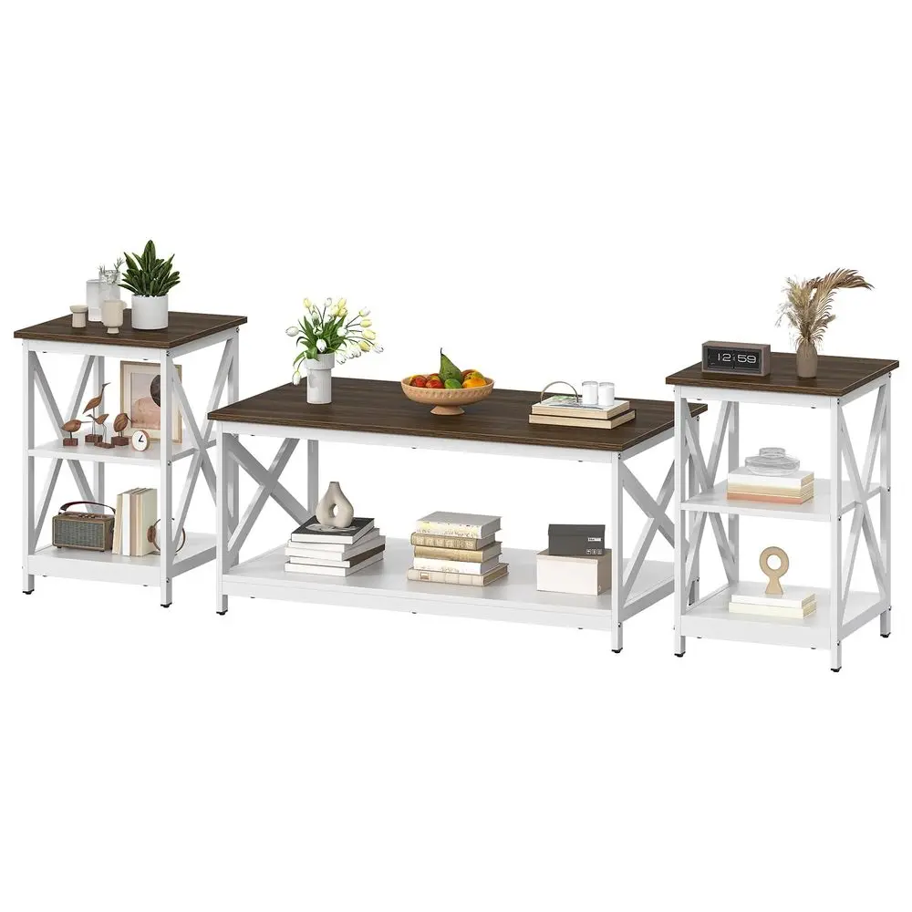 

Living Room Coffee Table Set of 3, Industrial XDesign Coffee Table and 2 End Side Tables, 3 Piece Living Room Table Set with La