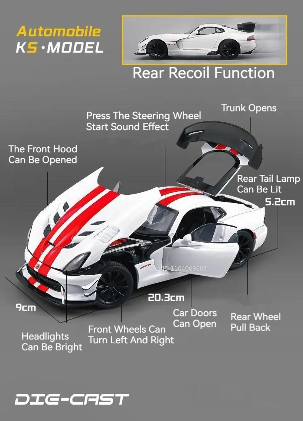 1:24 Viper Cobra Modellspielzeug, Sportwagen, Legierung, Druckguss, Ton, Licht, Türen geöffnet, zurückziehen, exquisite Innensammlung, Supercars – Detail 2
