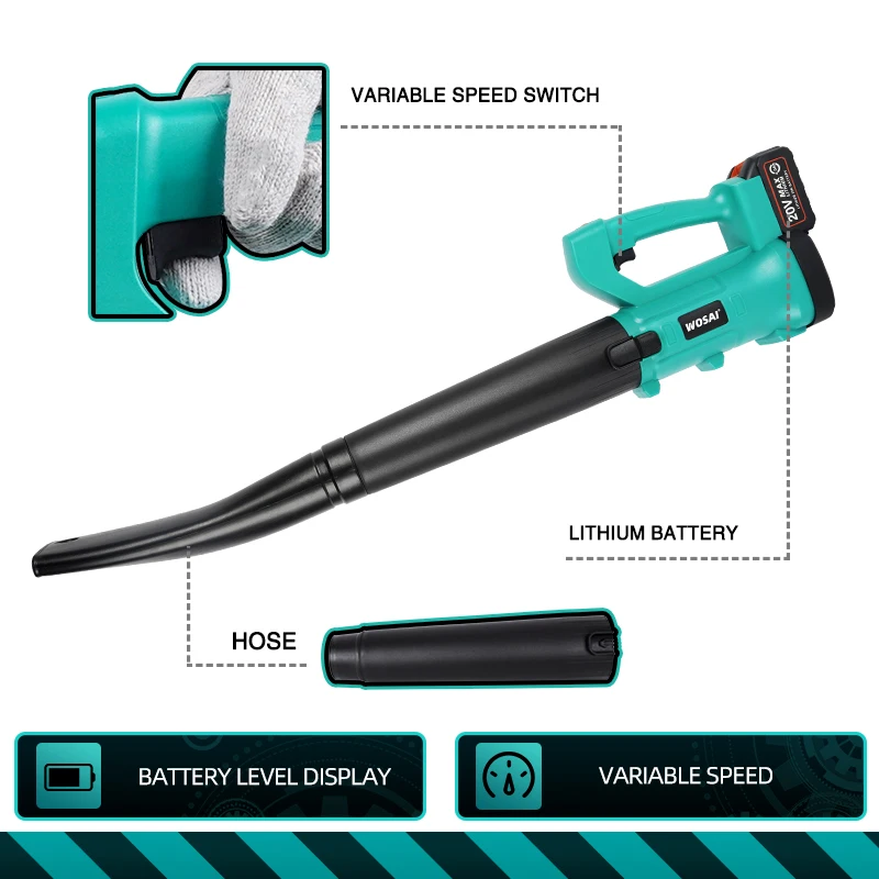 WOSAI MT-Series 20V Cordless Electric Air Blower Wind Pressure 5.4kpa Handheld Blowing Cordless leaf Blower Sweeper Garden Tools