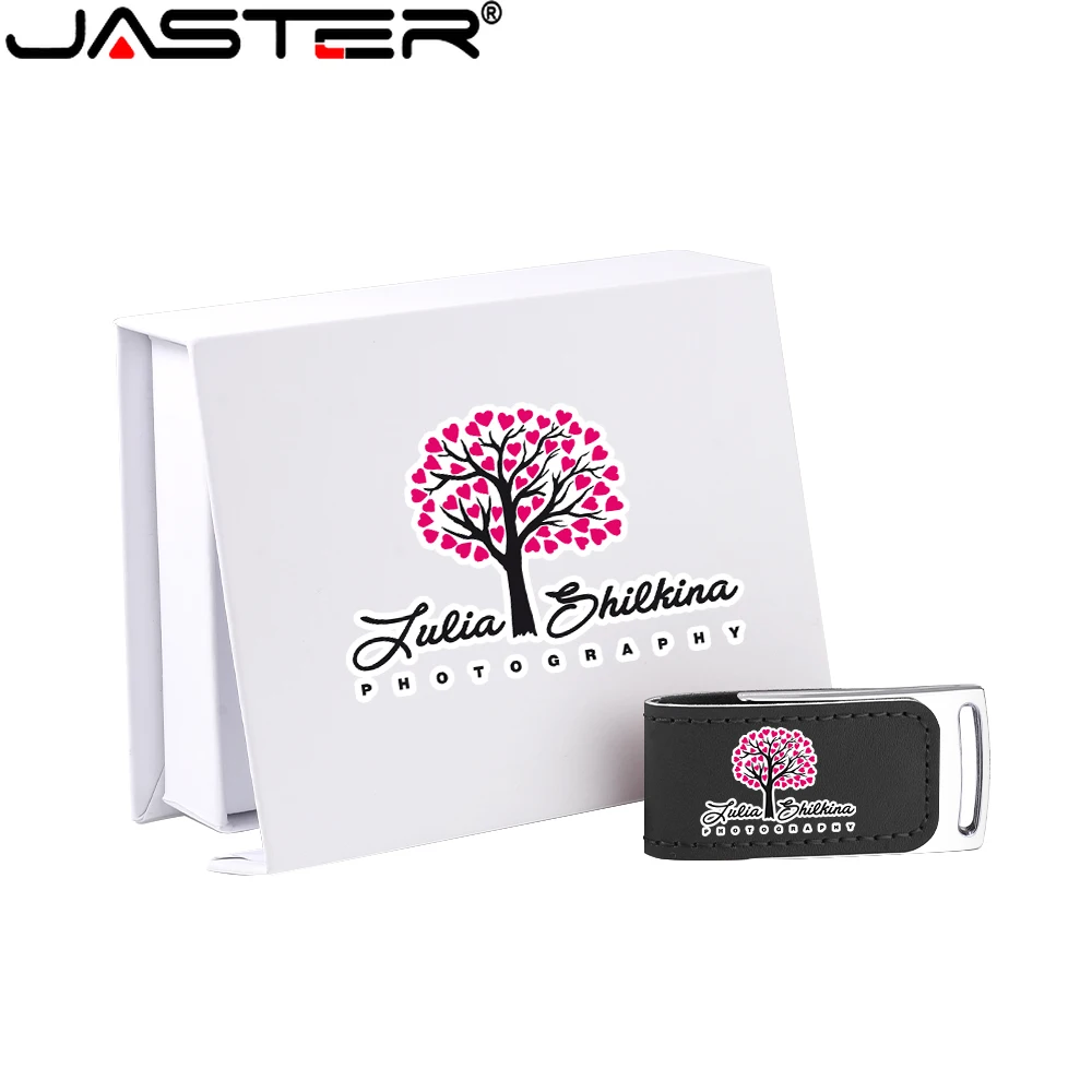 JASTER Leather Pen Drive 128GB with Paper Box USB 2.0 Flash Drives 64GB 32GB 16GB Free custom logo Creative Wedding Memory Stick