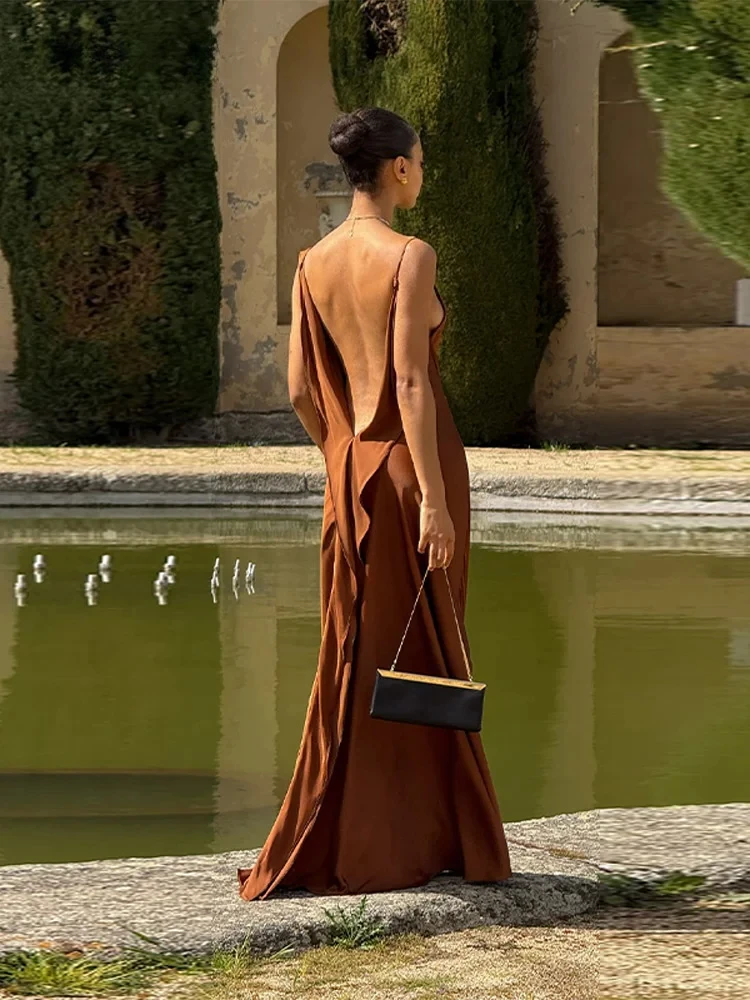 Elegante cetim longo estilingue vestido feminino sem costas sem mangas alta fenda vestidos de festa feminino verão senhora moda roupões de noite