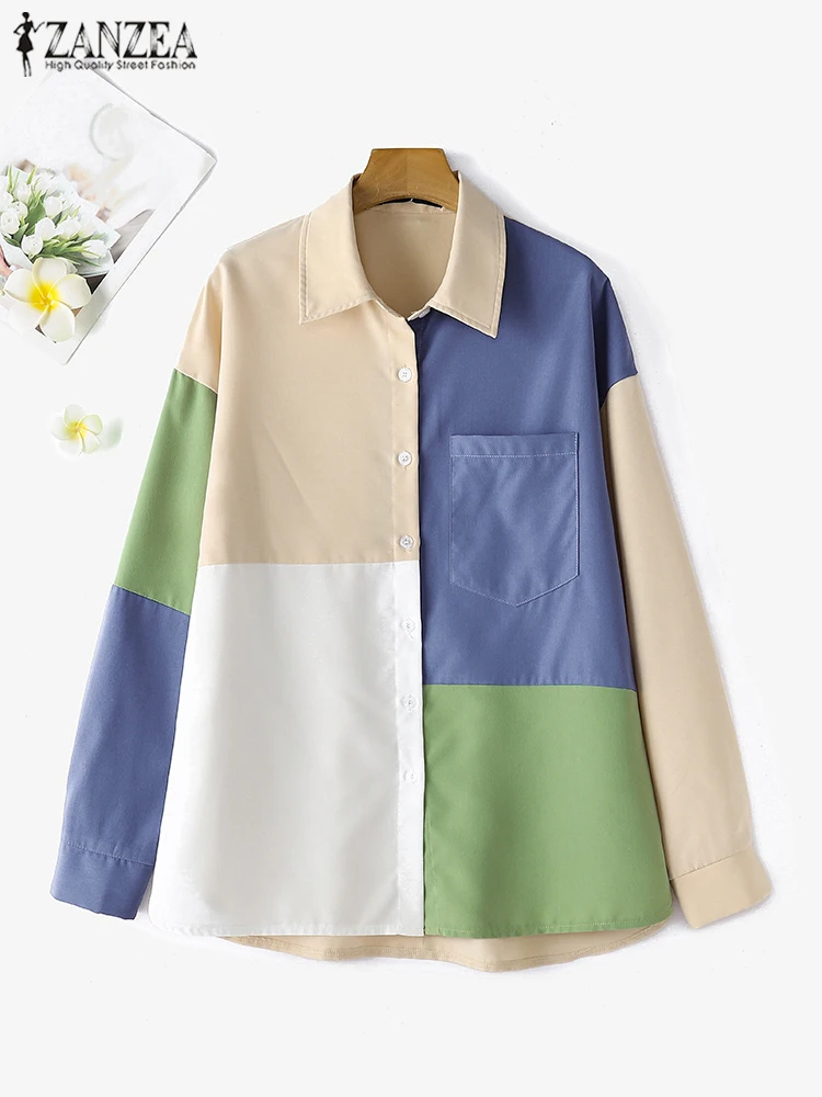 

ZANZEA 2025 Autumn Women Colorblock Shirt Oversized Long Sleeve Tops Casual Loose Lapel Collar Tunics Office Lady Oversized Tops