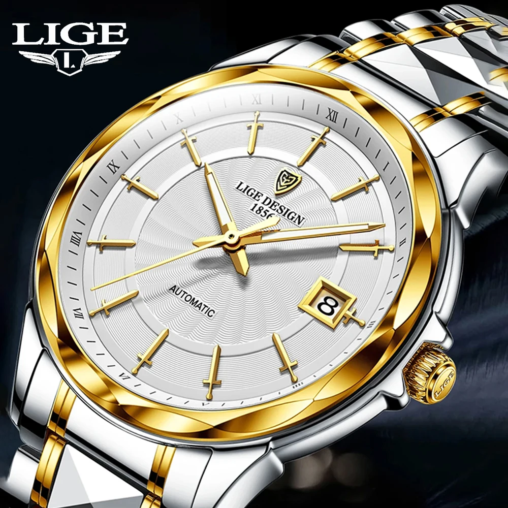 

LIGE Top Luxury Mens Mechanical Watches Fashion Tungsten Steel Wristwatch 5Bar Waterproof Automatic Watches Gift reloj hombre