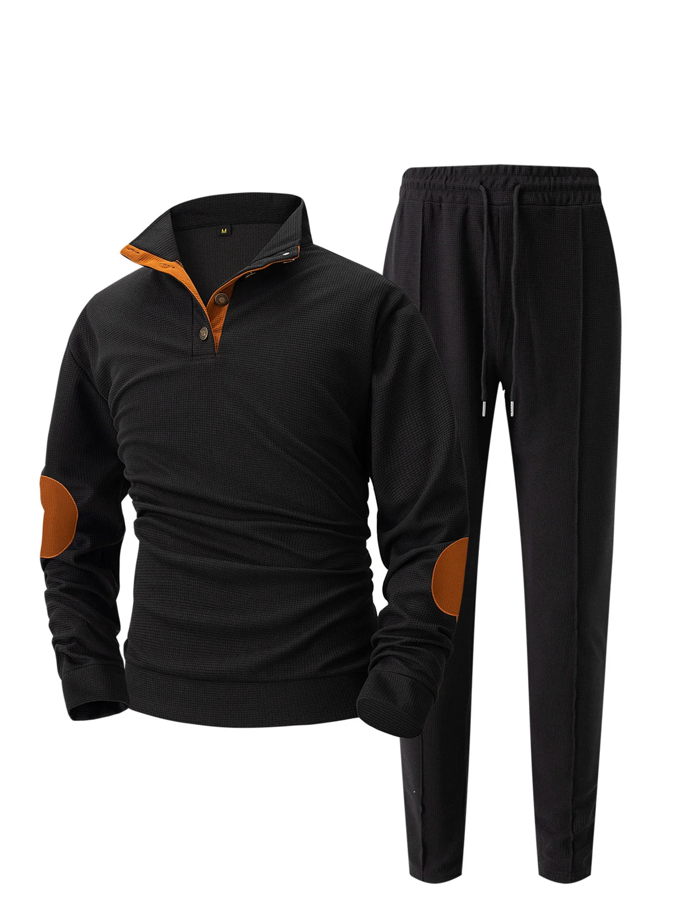 Conjunto de pantalones y sudadera con capucha de manga larga para hombre, nuevo estilo americano, cuello levantado, botón, protección del codo, color bloqueado, otoño