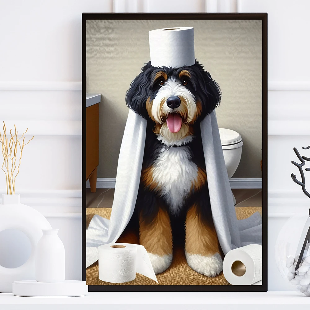 Funny Animals Dog in Bath Reading a Newspaper Prints Bernedoodle Toilet Paper Roll Wall Decor Pictures Bathroom Wall Posters