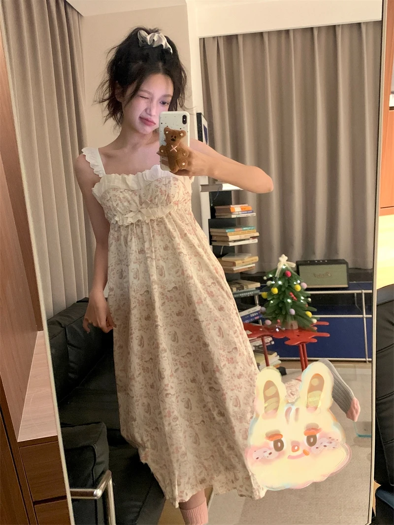 

Sweet Home Sweetie Lace Floral Print Che Nightdr Women's Summer Outerwear with Chest Pad Spwear Dr Polyester Fabric