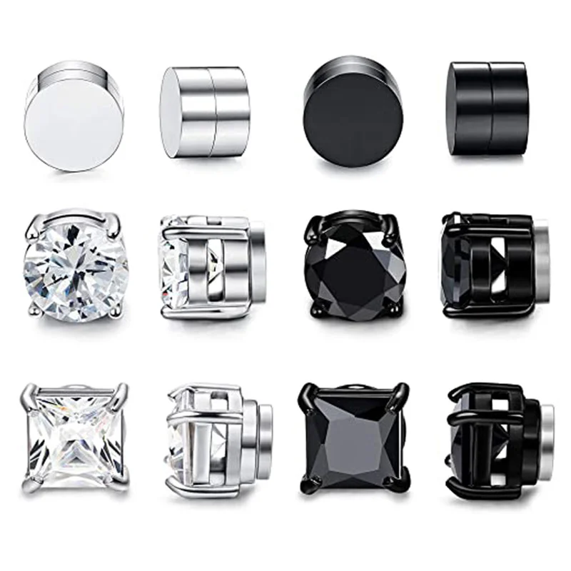 

6 Pairs of Magnetic Clip Earrings Stainless Steel Stud Earrings for Men Women Black CZ Magnet Non-piercing Clip Earring Set