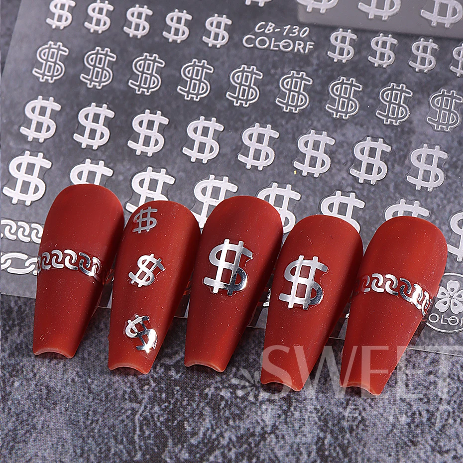 3D Dollar Sign Nail Stickers White Black Gold Sliver Holographic Dollar Sign Nail Deacal Tips DIY Manicure Art Accessories Tools