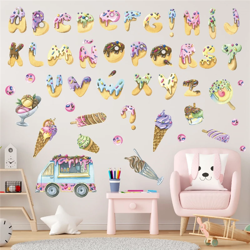 Милые наклейки на стену с изображением мороженого, десертов и букв для украшения дома, Мультяшные наклейки для детской спальни