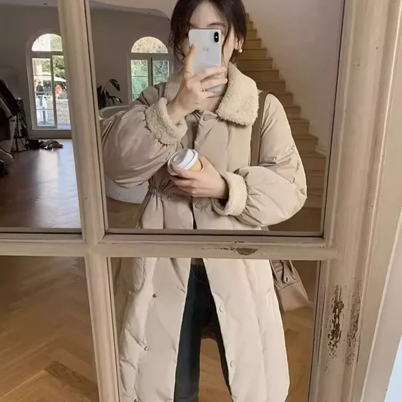 Down padded jacket women mid-length 2024 winter new waist collection Korean version of fashion single breasted loose winter coat