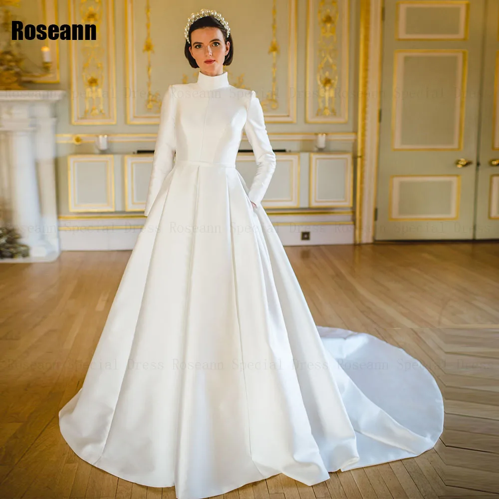 Muslim Exquisite A-line Wedding Dresses High Collar Belt Draped Pleat Brush Train Satin Bride Gown Floor Length robe de mariée