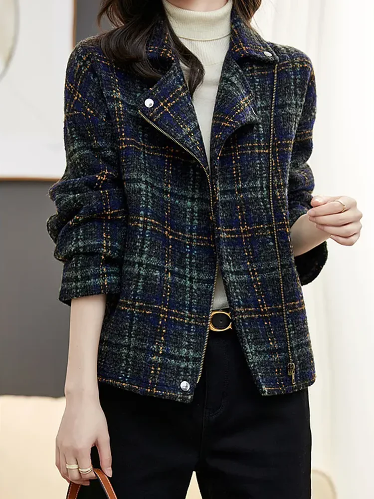 Giacche di lana con risvolto Casual da donna top moda coreana con cerniera manica lunga cappotti in misto lana Plaid sciolto elegante Abrigos Blusas