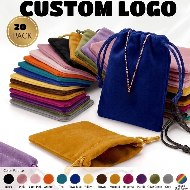 Custom Print Logo 20pcs Plush Velvet Jewelry Pouch Set Small Drawstring Gift Bags for Wedding Party Favor Pouches Christmas