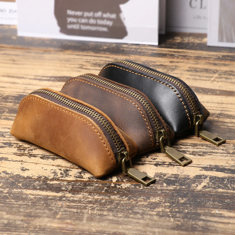 Crazy Horse Leder Münzbörse & Schlüsseletui, Multifunktionale Reißverschlusstasche im Europäischen Stil, Vollnarbiges Rindsleder, Unisex