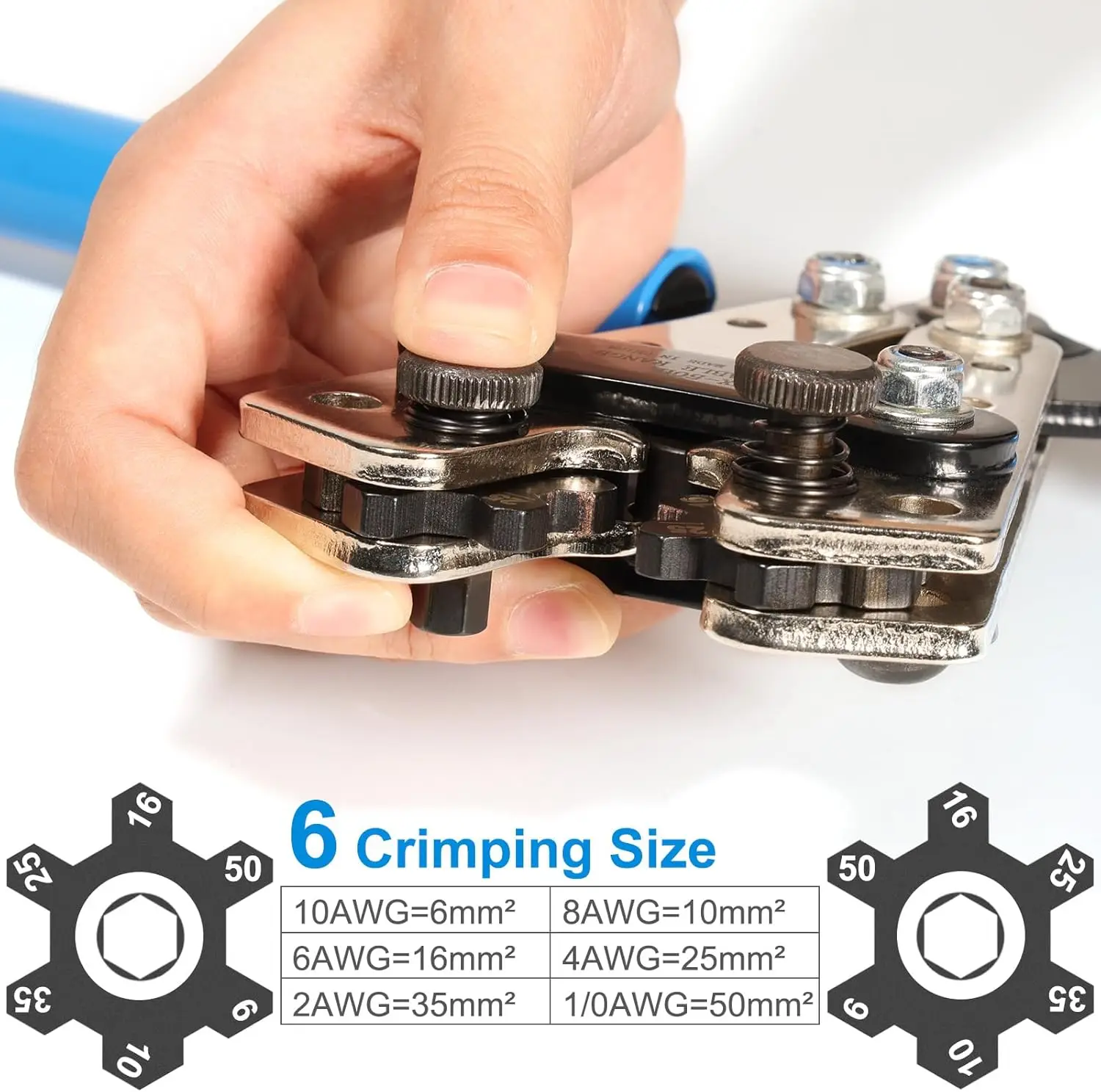 Batterijkabelcrimpergereedschap met 6 matrijzen voor AWG 10-1/0 meter, inclusief 60 stuks kabelschoenen en krimpkous
